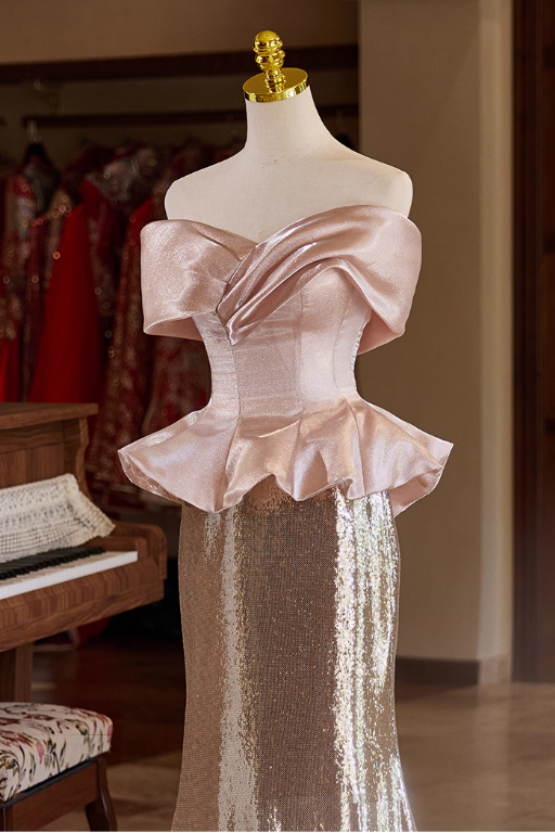 Vintage Pink & Rose Gold Glitter Satin Sheath Off-Shoulder Peplum Evening Gown TP5468