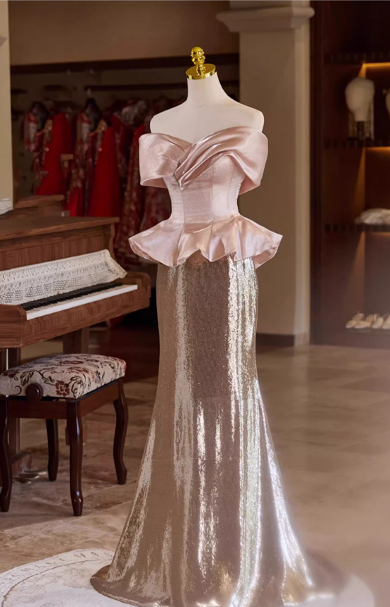 Vintage Pink & Rose Gold Glitter Satin Sheath Off-Shoulder Peplum Evening Gown TP5468