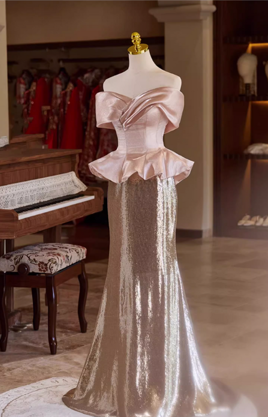 Vintage Pink & Rose Gold Glitter Satin Sheath Off-Shoulder Peplum Evening Gown TP5468