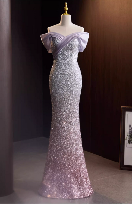 Vintage Lavender to Silver Ombre Sequin Mermaid Off-Shoulder Evening Gown TP5469