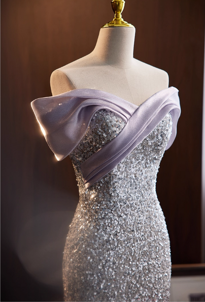 Vintage Lavender to Silver Ombre Sequin Mermaid Off-Shoulder Evening Gown TP5469
