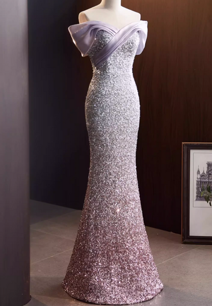 Vintage Lavender to Silver Ombre Sequin Mermaid Off-Shoulder Evening Gown TP5469