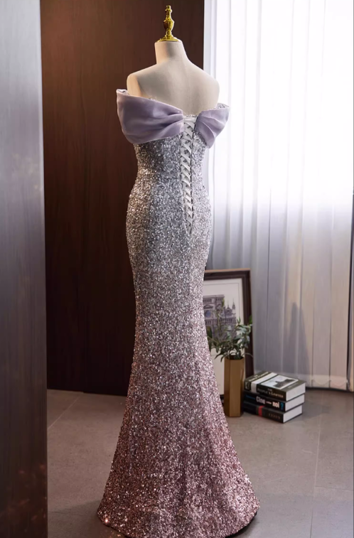 Vintage Lavender to Silver Ombre Sequin Mermaid Off-Shoulder Evening Gown TP5469