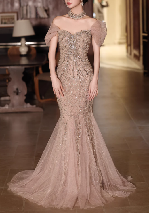 Vintage Champagne Beaded Mermaid Off-Shoulder Tulle Evening Gown TP5470