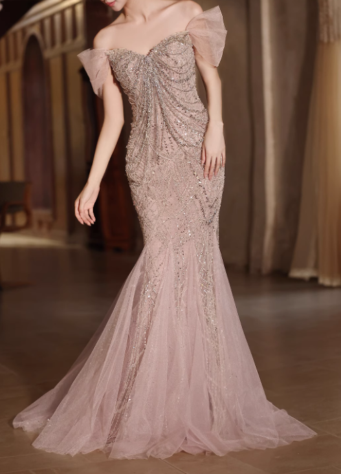 Vintage Champagne Beaded Mermaid Off-Shoulder Tulle Evening Gown TP5470