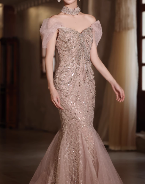 Vintage Champagne Beaded Mermaid Off-Shoulder Tulle Evening Gown TP5470