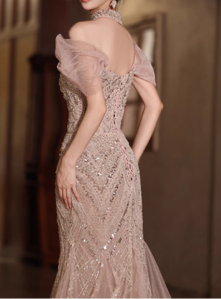 Vintage Champagne Beaded Mermaid Off-Shoulder Tulle Evening Gown TP5470
