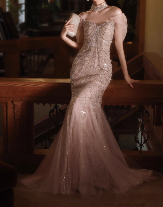 Vintage Champagne Beaded Mermaid Off-Shoulder Tulle Evening Gown TP5470