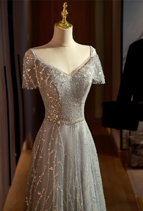 Vintage Silver Beaded A-Line Off-Shoulder Tulle Evening Gown TP5471