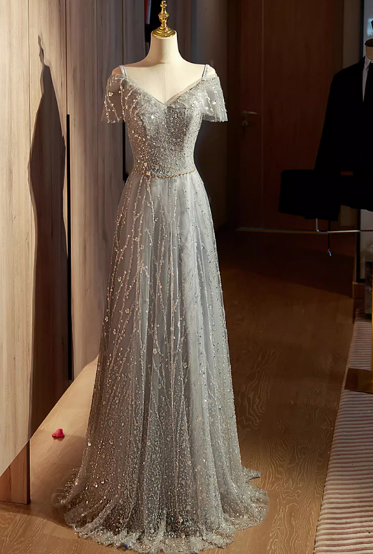 Vintage Silver Beaded A-Line Off-Shoulder Tulle Evening Gown TP5471