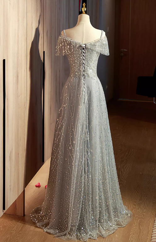 Vintage Silver Beaded A-Line Off-Shoulder Tulle Evening Gown TP5471
