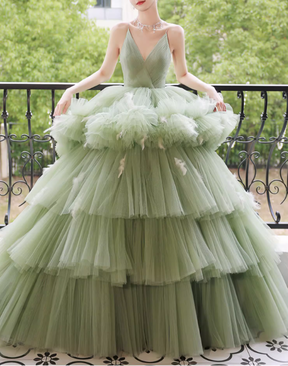 Glamorous Sage Green Tiered Tulle Spaghetti Straps Sweet 15 Quinceanera Ball Gown TP5473