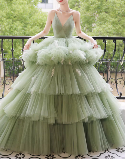 Glamorous Sage Green Tiered Tulle Spaghetti Straps Sweet 15 Quinceanera Ball Gown TP5473
