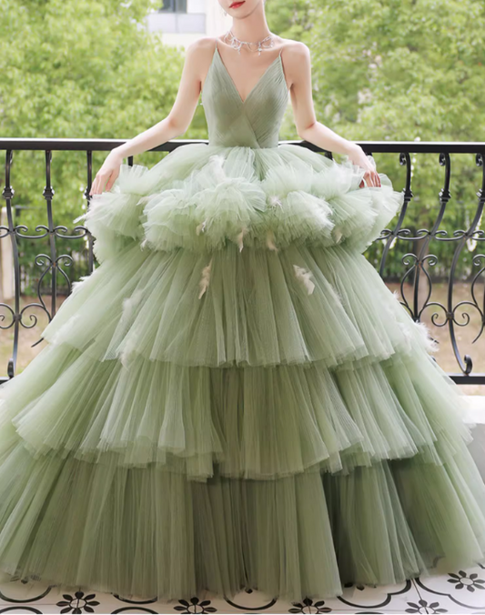 Glamorous Sage Green Tiered Tulle Spaghetti Straps Sweet 15 Quinceanera Ball Gown TP5473