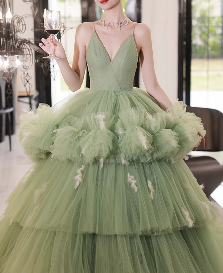 Glamorous Sage Green Tiered Tulle Spaghetti Straps Sweet 15 Quinceanera Ball Gown TP5473