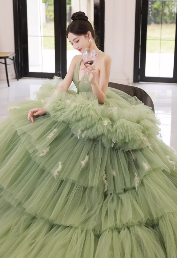 Glamorous Sage Green Tiered Tulle Spaghetti Straps Sweet 15 Quinceanera Ball Gown TP5473