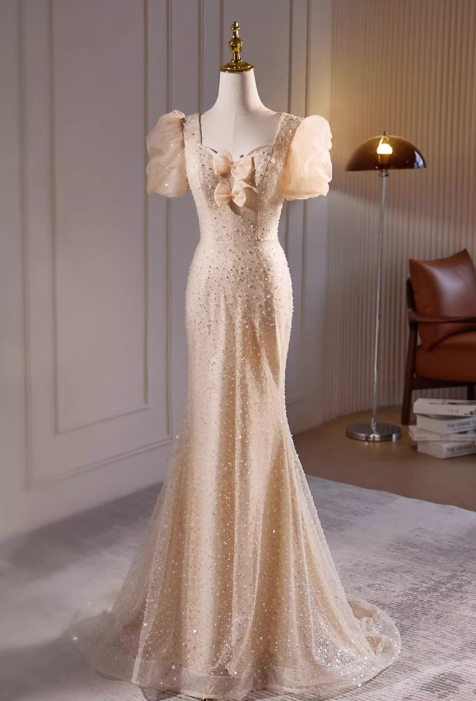 Glamorous Champagne Beaded Mermaid Puff Sleeves & Bow Evening Gown TP5474