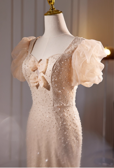 Glamorous Champagne Beaded Mermaid Puff Sleeves & Bow Evening Gown TP5474