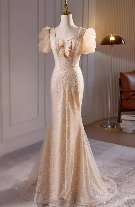 Glamorous Champagne Beaded Mermaid Puff Sleeves & Bow Evening Gown TP5474