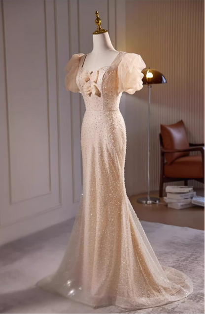 Glamorous Champagne Beaded Mermaid Puff Sleeves & Bow Evening Gown TP5474