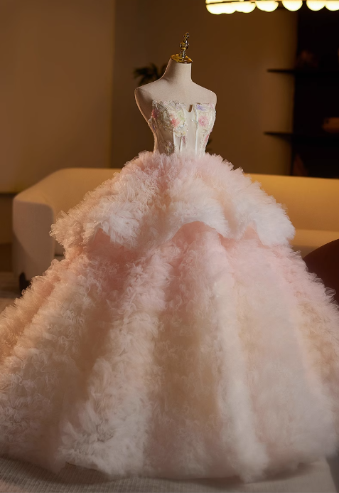 Glamorous Pink Fluffy Tulle A-Line Strapless Floral Sweet 15 Quinceanera Ball Gown TP5475