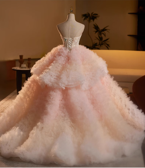 Glamorous Pink Fluffy Tulle A-Line Strapless Floral Sweet 15 Quinceanera Ball Gown TP5475