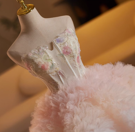 Glamorous Pink Fluffy Tulle A-Line Strapless Floral Sweet 15 Quinceanera Ball Gown TP5475