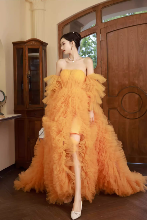 Glamorous Orange Tiered Tulle Off-Shoulder Ruffles High Slit Evening Gown TP5476