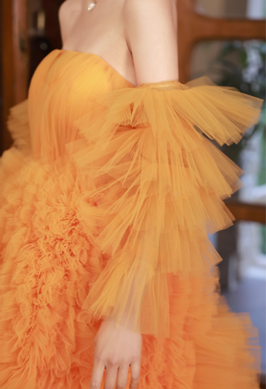 Glamorous Orange Tiered Tulle Off-Shoulder Ruffles High Slit Evening Gown TP5476