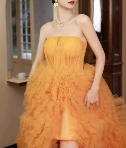 Glamorous Orange Tiered Tulle Off-Shoulder Ruffles High Slit Evening Gown TP5476