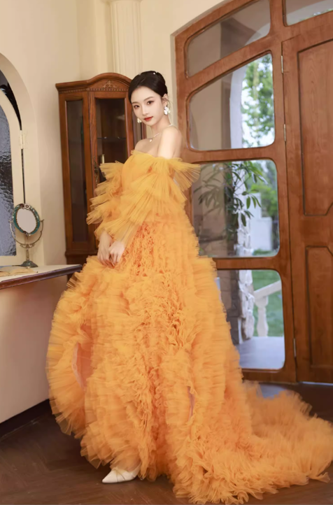 Glamorous Orange Tiered Tulle Off-Shoulder Ruffles High Slit Evening Gown TP5476
