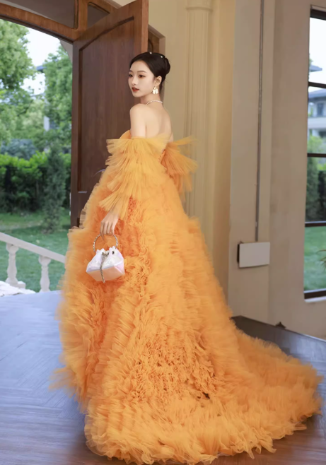 Glamorous Orange Tiered Tulle Off-Shoulder Ruffles High Slit Evening Gown TP5476