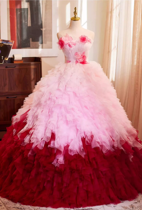 Glamorous Blush Pink to Burgundy Ombre Tulle 3D Rose Sweet 15 Quinceanera Ball Gown TP5477