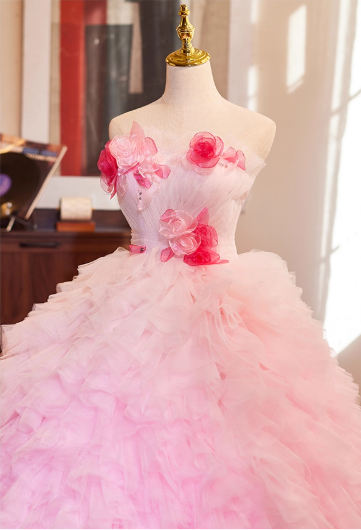 Glamorous Blush Pink to Burgundy Ombre Tulle 3D Rose Sweet 15 Quinceanera Ball Gown TP5477