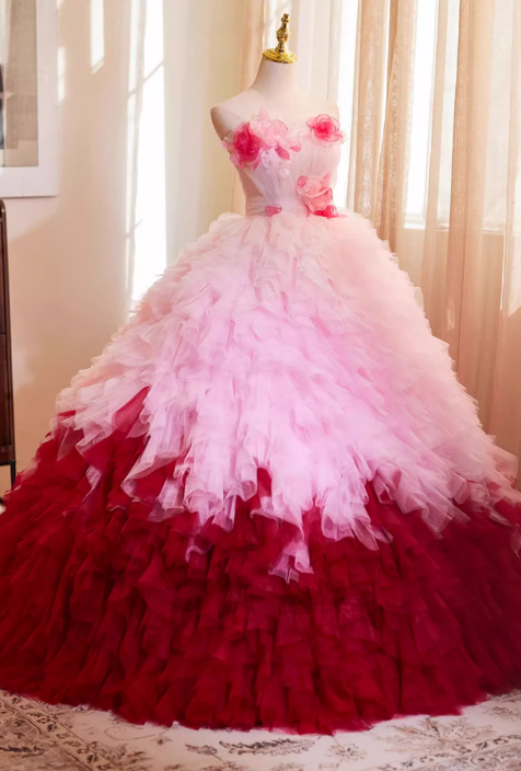 Glamorous Blush Pink to Burgundy Ombre Tulle 3D Rose Sweet 15 Quinceanera Ball Gown TP5477