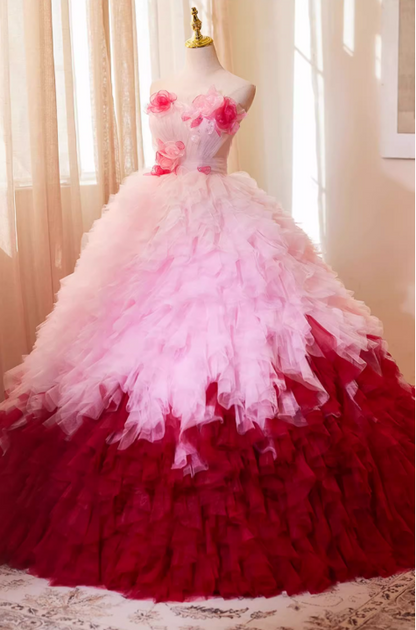 Glamorous Blush Pink to Burgundy Ombre Tulle 3D Rose Sweet 15 Quinceanera Ball Gown TP5477