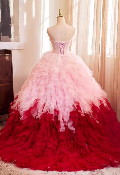 Glamorous Blush Pink to Burgundy Ombre Tulle 3D Rose Sweet 15 Quinceanera Ball Gown TP5477