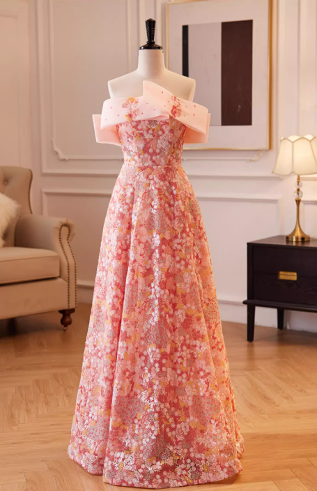 Glamorous Pink Floral Sequin A-Line Off-Shoulder Evening Gown TP5478
