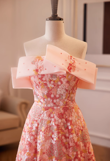 Glamorous Pink Floral Sequin A-Line Off-Shoulder Evening Gown TP5478