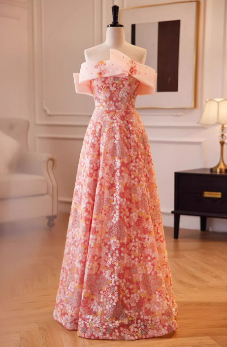 Glamorous Pink Floral Sequin A-Line Off-Shoulder Evening Gown TP5478