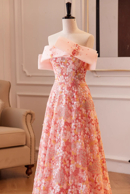 Glamorous Pink Floral Sequin A-Line Off-Shoulder Evening Gown TP5478