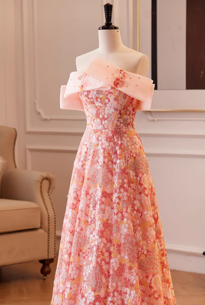 Glamorous Pink Floral Sequin A-Line Off-Shoulder Evening Gown TP5478