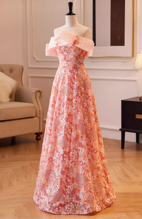 Glamorous Pink Floral Sequin A-Line Off-Shoulder Evening Gown TP5478