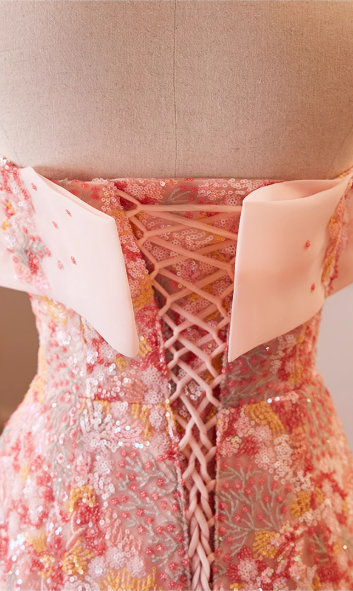 Glamorous Pink Floral Sequin A-Line Off-Shoulder Evening Gown TP5478