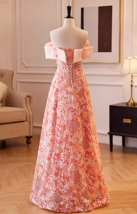 Glamorous Pink Floral Sequin A-Line Off-Shoulder Evening Gown TP5478
