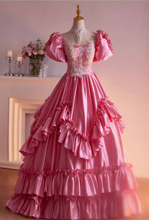 Glamorous Hot Pink Satin Puff Sleeves Ruffled Tiered Sweet 15 Quinceanera Ball Gown TP5479