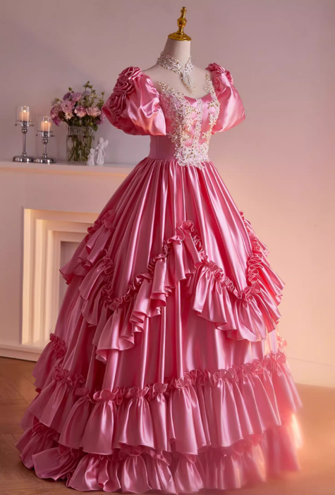Glamorous Hot Pink Satin Puff Sleeves Ruffled Tiered Sweet 15 Quinceanera Ball Gown TP5479