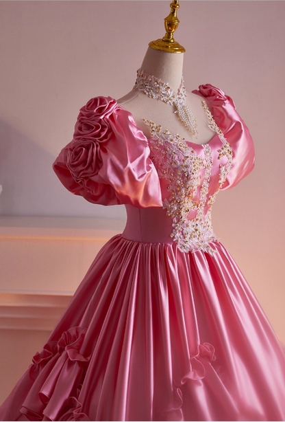 Glamorous Hot Pink Satin Puff Sleeves Ruffled Tiered Sweet 15 Quinceanera Ball Gown TP5479
