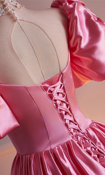 Glamorous Hot Pink Satin Puff Sleeves Ruffled Tiered Sweet 15 Quinceanera Ball Gown TP5479