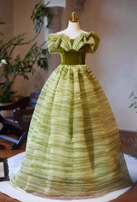 Glamorous Sage Green Striped Tulle Off-Shoulder Sweet 15 Quinceanera Ball Gown TP5480